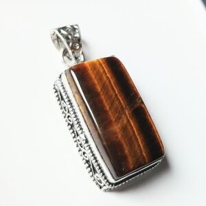 NWOT Natural Tiger's Eye Artisan Bohemian Pendant .925 Sterling Silver Overlay
